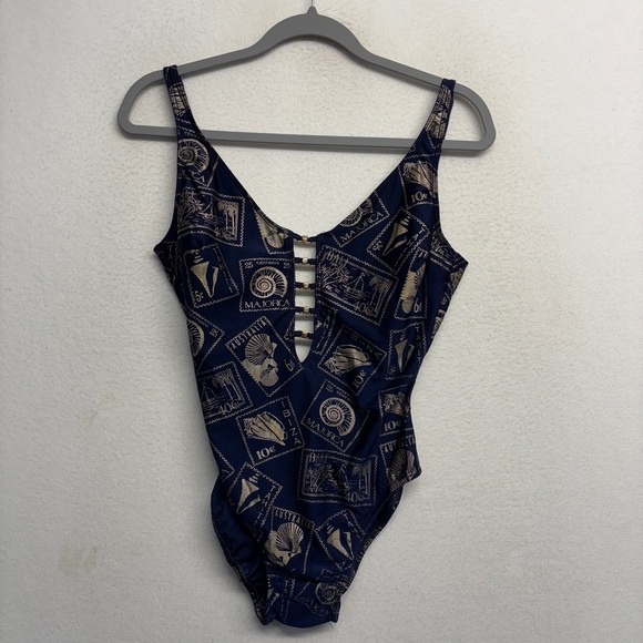 VTG 90s La Blanca Navy Blue One Piece Swimsuit 12 travel Stamp Metallic Print - Picture 1 of 8